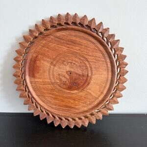 Vintage Hand Carved Solid Mahogany Wood Plate Floral India Decorative Art Brown